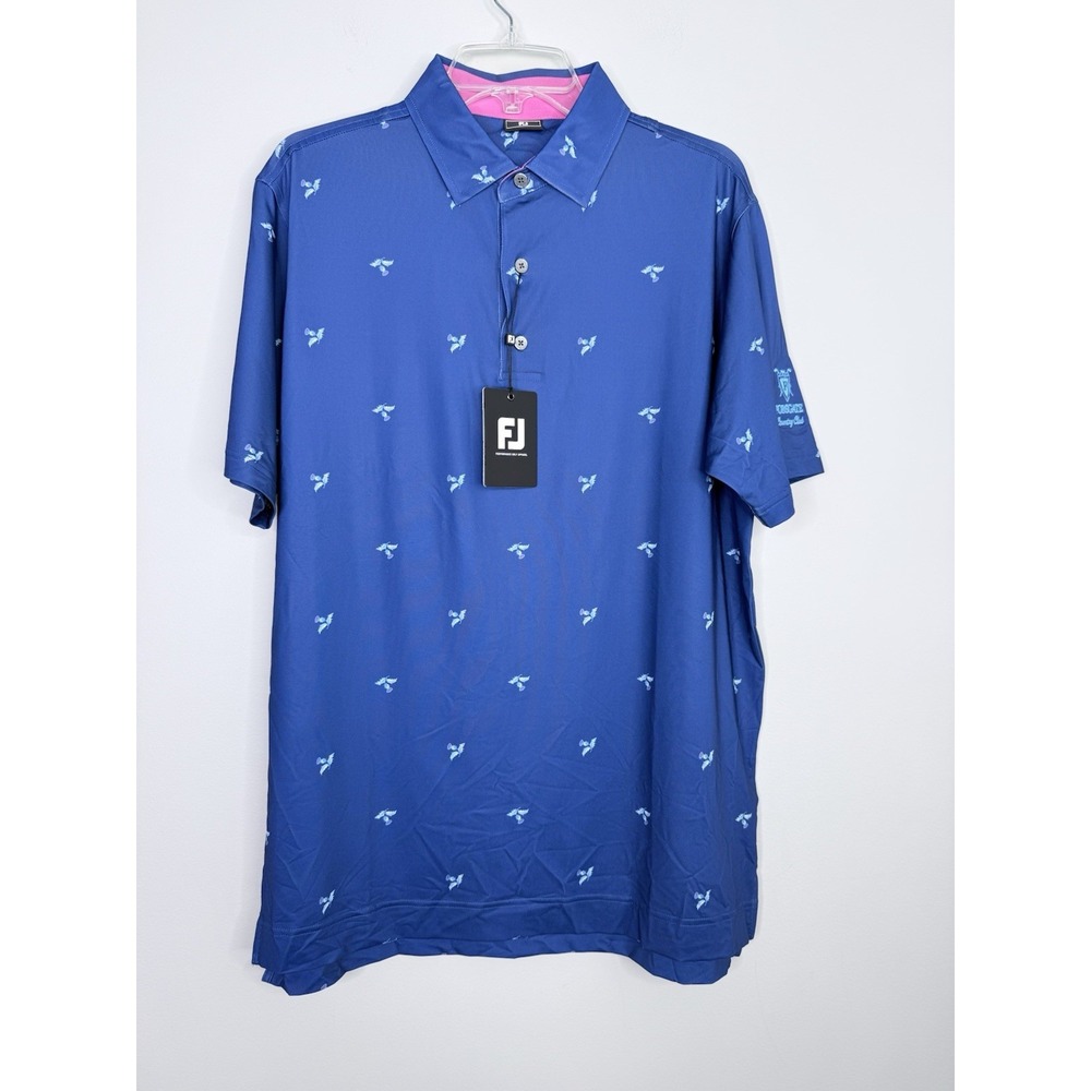 FootJoy Lisle Self Collar Golf Shirt Polo Thistle Print Blue Logo Forsgate Sz M